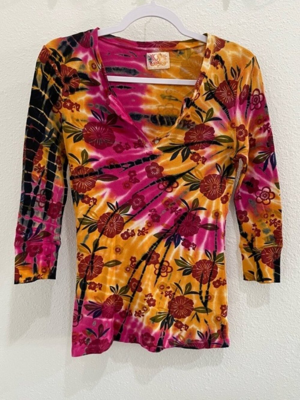 Vintage Lucky Brand Y2K Henley Top Asian Floral Thermal Long Sleeve Boho